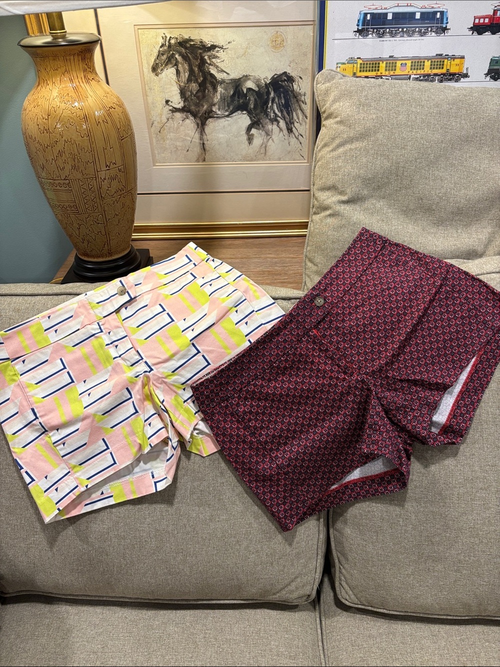 J. Crew Pink Geometric & Maroon Printed Shorts